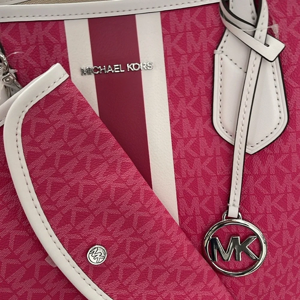 Michael Kors Eva Large Signature Logo Stripe Shoulder Tote Bag Dragonfruit  NWT
